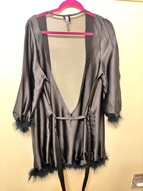 Black Satin Feather-Trim Kimono Robe